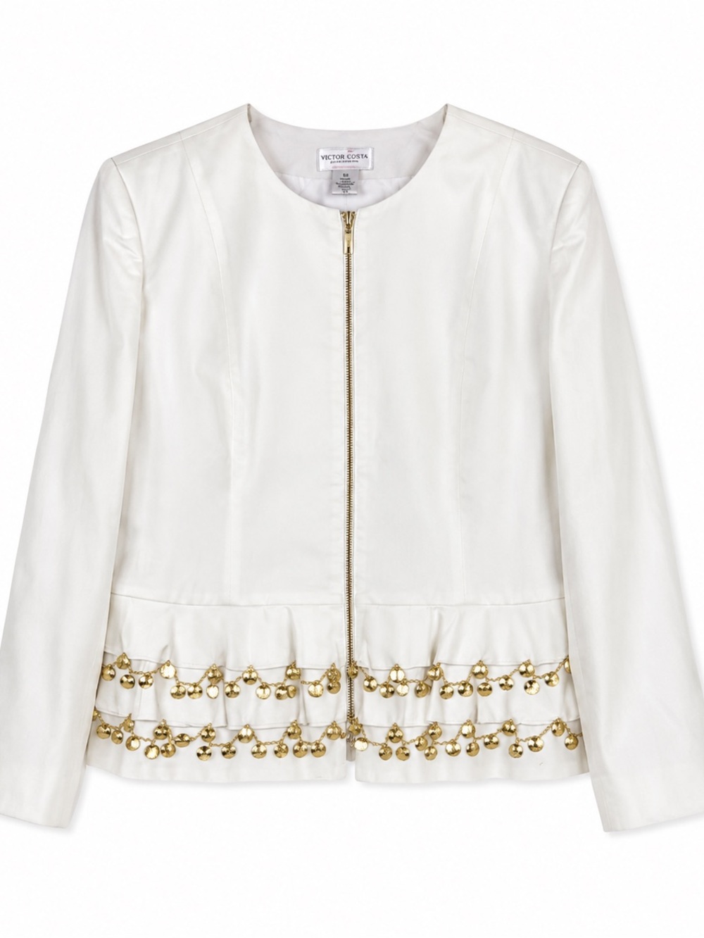 Victor Costa White Peplum Jacket XS Gold Coin Trim Zip Front Boho